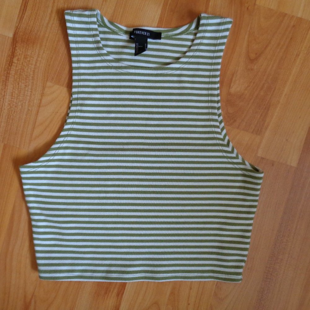 Forever 21 Green White Striped cropped rib knit tank top